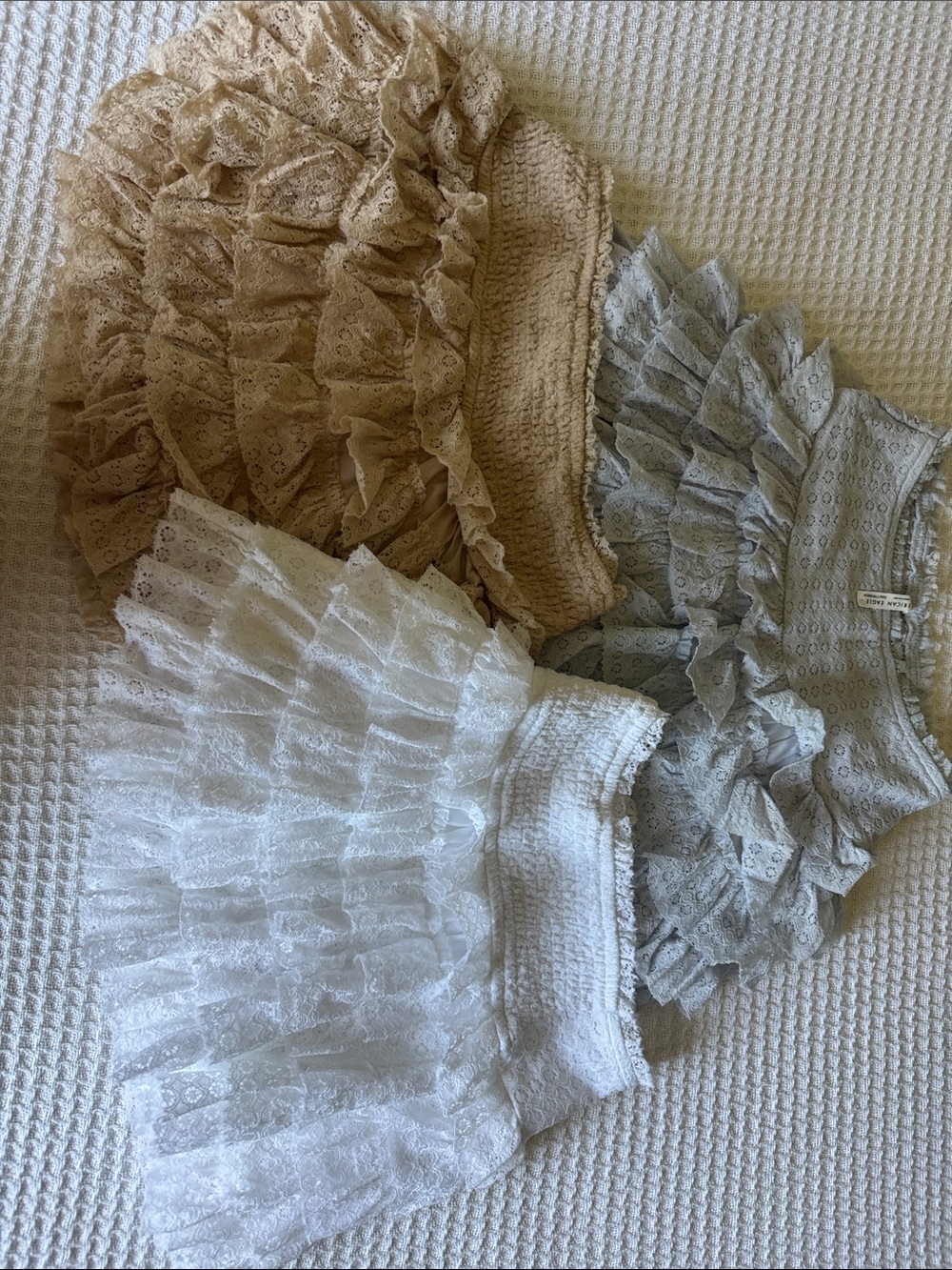 American Eagle Outfitters Ruffled Eyelet Mini Skirts in Cream, White, Light Gray